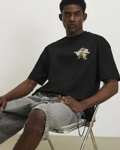 Black Oversized Cotton Flower Print T-Shirt