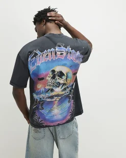Black Oversized Cotton Skull Graphic T-Shirt