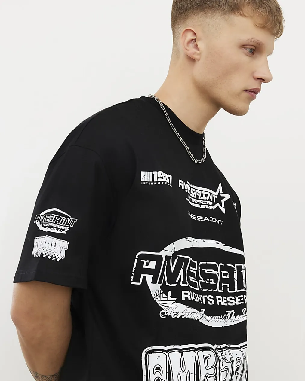 Black Oversized Fit Ame Saint Graphic T-Shirt