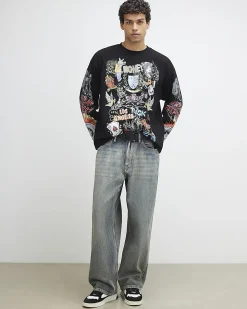 Black Oversized Fit Tattoo Graphic T-Shirt