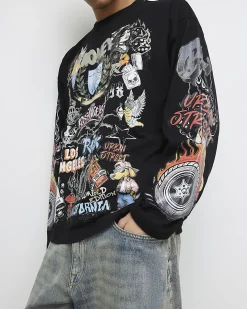 Black Oversized Fit Tattoo Graphic T-Shirt
