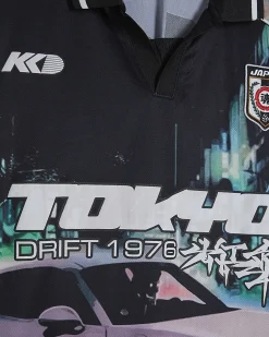 Black Oversized Fit Tokyo Drift Polo Shirt