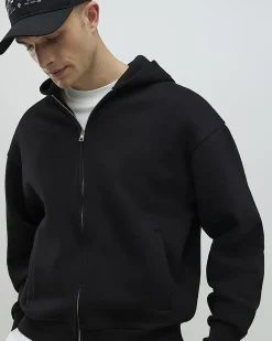 Black Oversized Fit Zip Through Hoodie