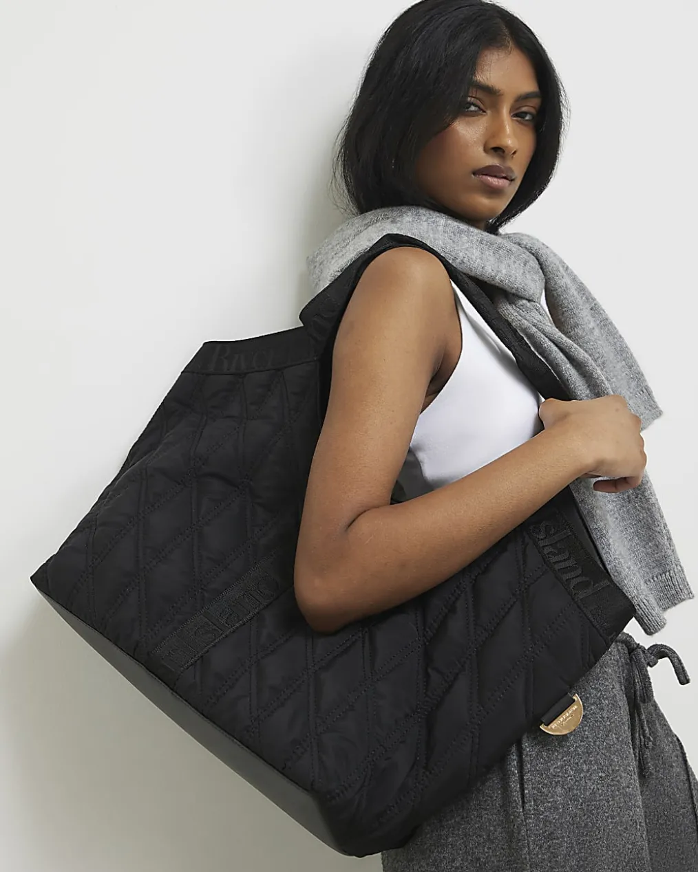 Black Padded Webbing Detail Shopper Bag