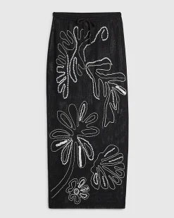 Black Palm Embroidered Sarong Skirt