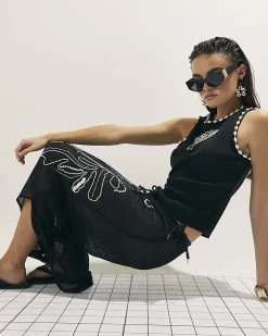 Black Palm Embroidered Sarong Skirt