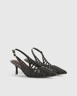 Black Panelled Mesh Slingback Court Heels