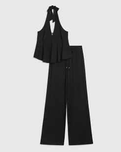 Black Peplum Halter Neck Lounge Set