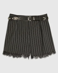 Black Pinstripe Lace Trim Shorts