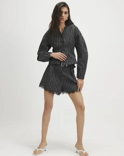 Black Pinstripe Lace Trim Shorts