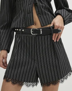 Black Pinstripe Lace Trim Shorts