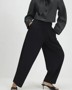 Black Pleated Barrel Leg Trousers