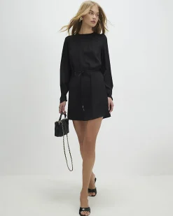 Black Pleated Neck Mini Shift Dress