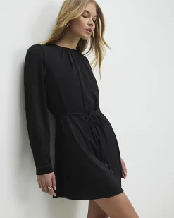 Black Pleated Neck Mini Shift Dress