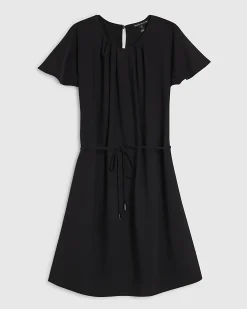 Black Pleated Short Sleeve Mini Shift Dress