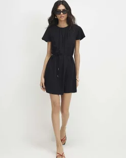 Black Pleated Short Sleeve Mini Shift Dress