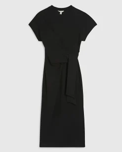 Black Premium Short Sleeve Knot Midi Dress
