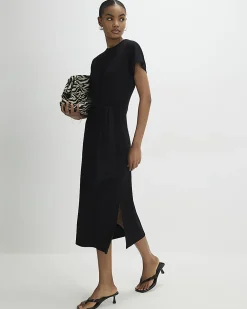 Black Premium Short Sleeve Knot Midi Dress