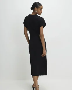 Black Premium Short Sleeve Knot Midi Dress
