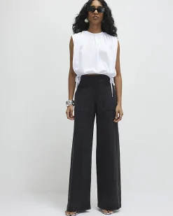 Black Pull On Elasticated Wide Leg Jeans