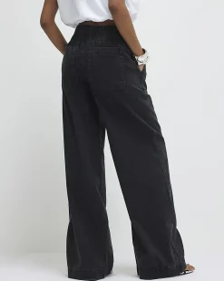 Black Pull On Elasticated Wide Leg Jeans