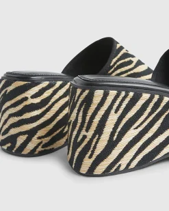 Black Raffia Zebra Print Mule Wedge Sandals