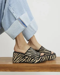 Black Raffia Zebra Print Mule Wedge Sandals