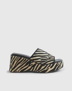 Black Raffia Zebra Print Mule Wedge Sandals
