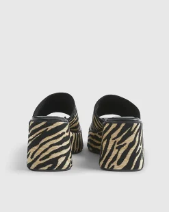 Black Raffia Zebra Print Mule Wedge Sandals