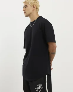 Black Regular Fit Cotton Curve Hem T-Shirt