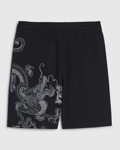 Black Regular Fit Embroidered Dragon Shorts