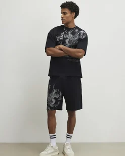 Black Regular Fit Embroidered Dragon Shorts