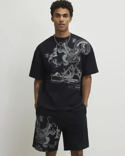 Black Regular Fit Embroidered Dragon Shorts