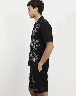 Black Regular Fit Floral Embroidered Shorts