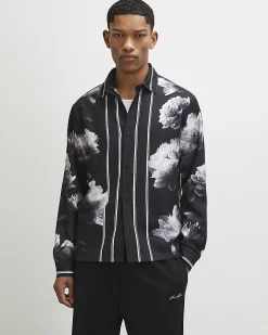 Black Regular Fit Floral Print Cotton Shirt