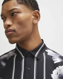 Black Regular Fit Floral Print Cotton Shirt