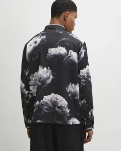 Black Regular Fit Floral Print Cotton Shirt