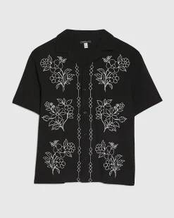 Black Regular Fit Floral Embroidered Shirt