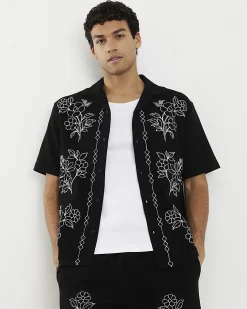 Black Regular Fit Floral Embroidered Shirt