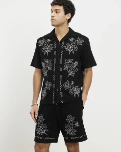 Black Regular Fit Floral Embroidered Shirt