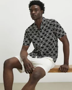 Black Regular Fit Geometric Embroidered Shirt