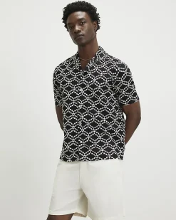 Black Regular Fit Geometric Embroidered Shirt