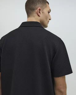 Black Regular Fit Textured Revere Shirt