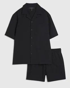 Black Regular Fit Textured Shirt & Short Set