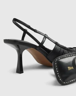 Black Ruched Bow Slingback Court Heels
