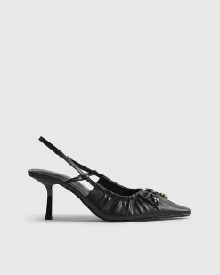Black Ruched Bow Slingback Court Heels