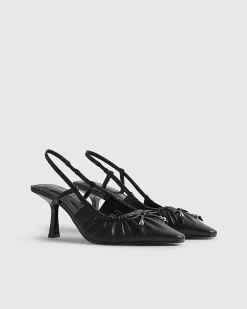 Black Ruched Bow Slingback Court Heels