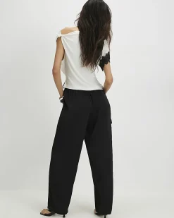Black Satin Cargo Trousers