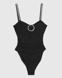 Black Shaping Embellished Tie Back Swimsuit