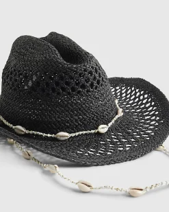 Black Shell Band Raffia Hat
